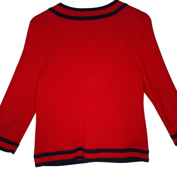 Talbots Cardigan Sweater Red Navy Trim 3/4 Sleeve Pockets Heavy Knit Size Med P - Picture 6 of 12